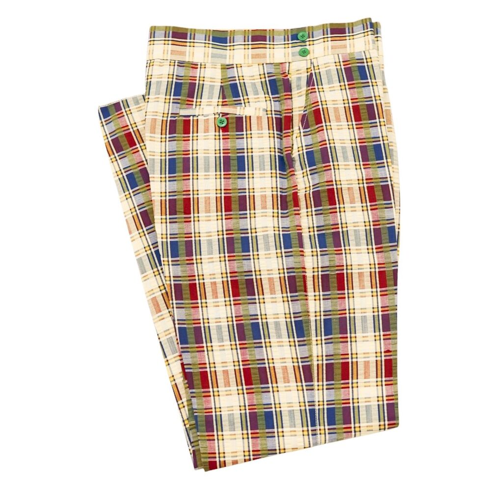 Mens 32 Gurkha Pants Cream Blue Red Madras Plaid Cotton Seersucker Summer Preppy